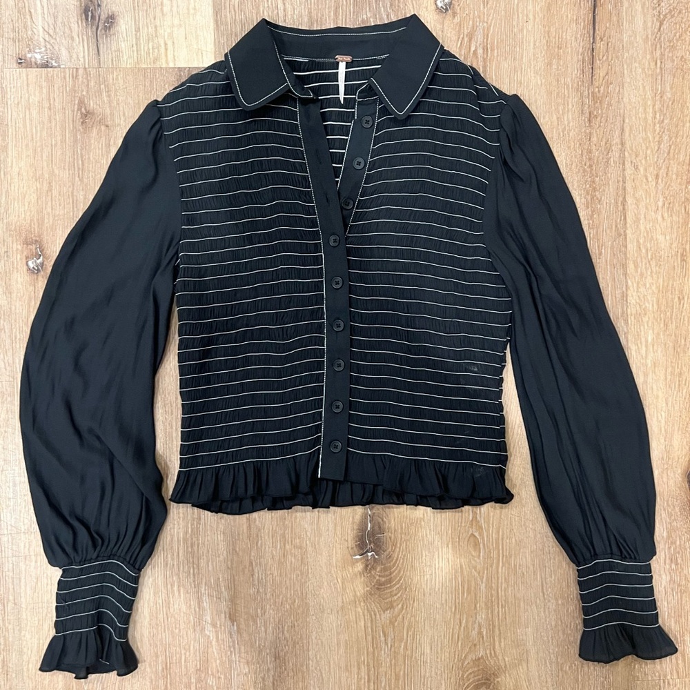 Free People Black Blouse with White Stripes